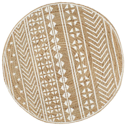 Vloerkleed Handgemaakt Met Witte Print Jute 90 cm Geometrisch patroon