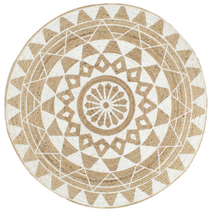 Vloerkleed Handgemaakt Met Witte Print Jute 120 cm Wit bloempatroon
