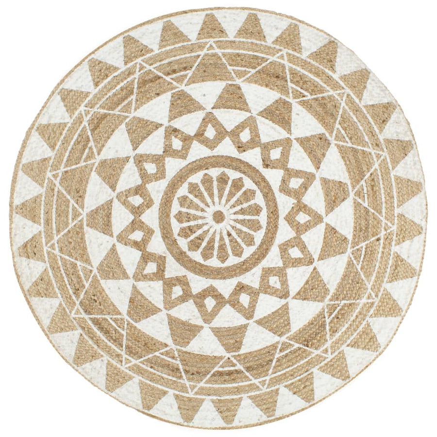 Vloerkleed Handgemaakt Met Witte Print Jute 120 cm Wit bloempatroon