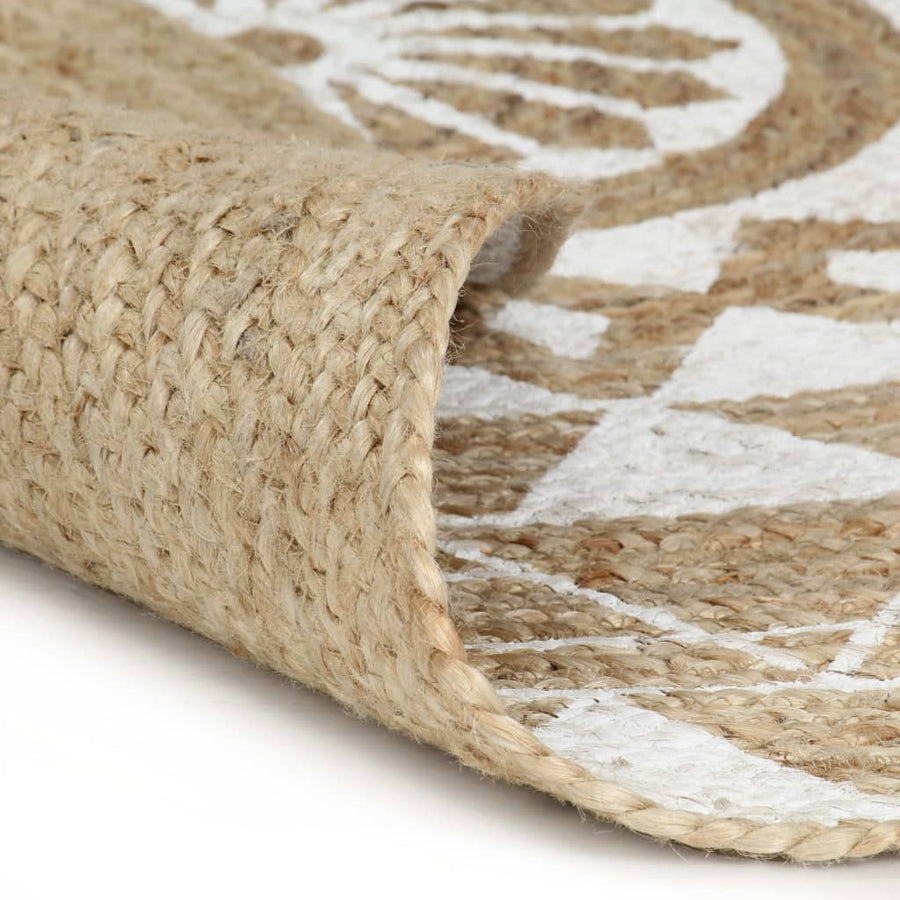 Vloerkleed Handgemaakt Met Witte Print Jute 120 cm Wit bloempatroon