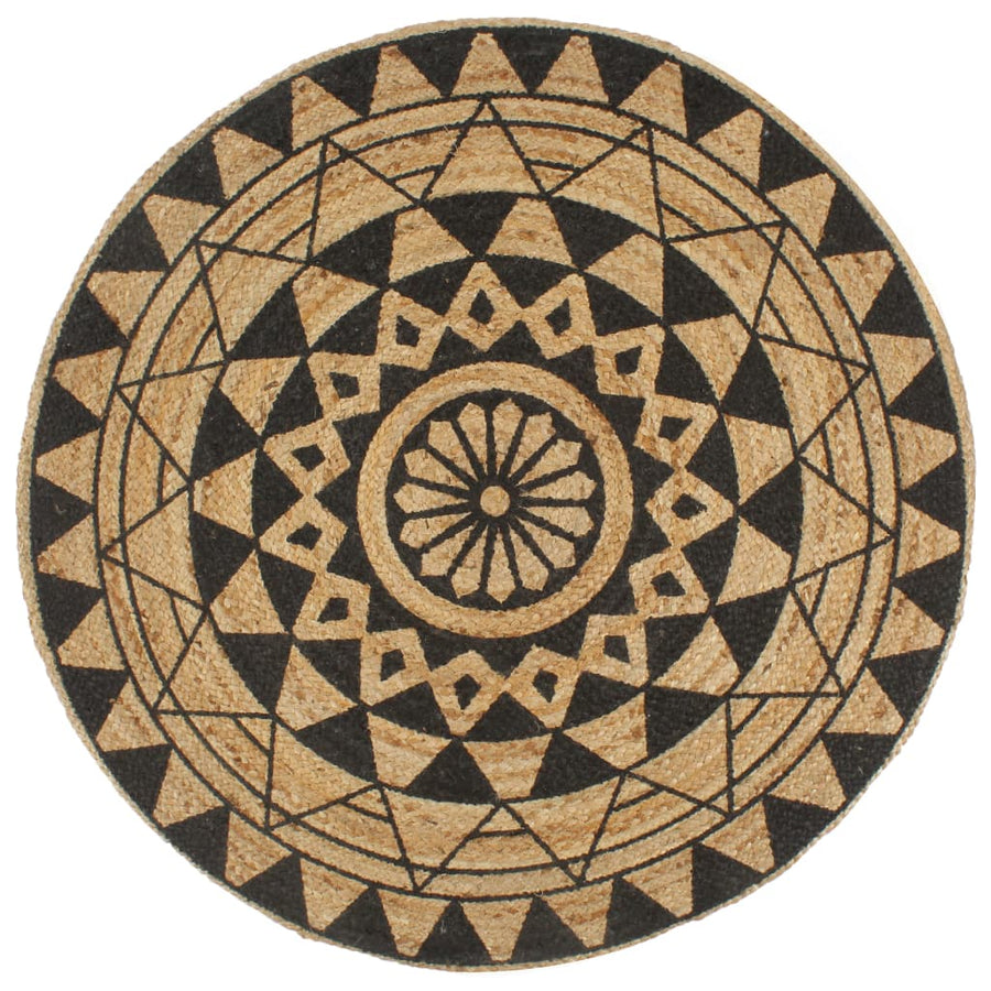 Vloerkleed Handgemaakt Met Zwarte Print Jute 120 cm