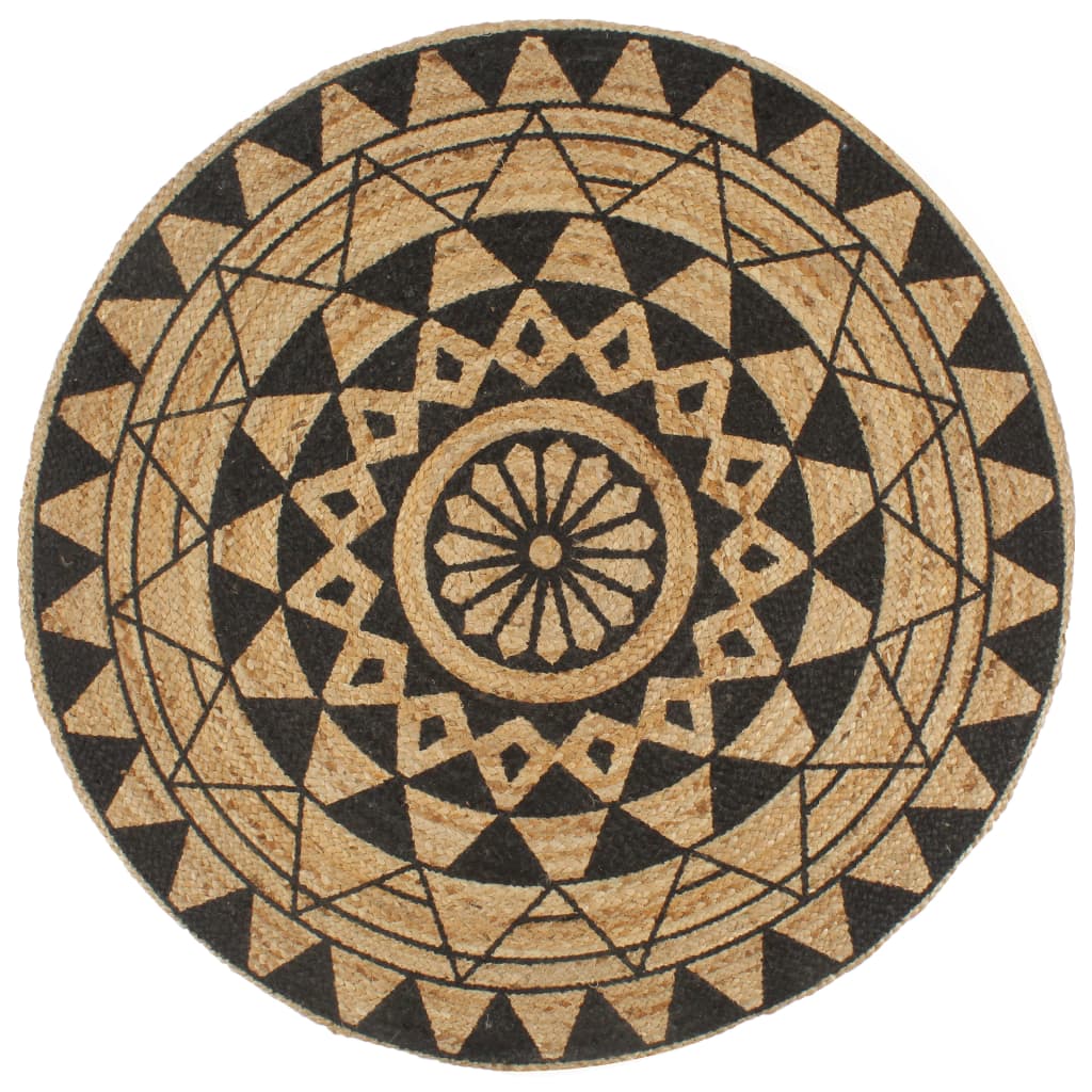 Vloerkleed Handgemaakt Met Zwarte Print Jute 150 cm Zwart bloempatroon
