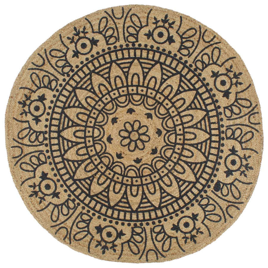 Vloerkleed Handgemaakt Met Donkerblauwe Print Jute 90 cm Blauw bloempatroon