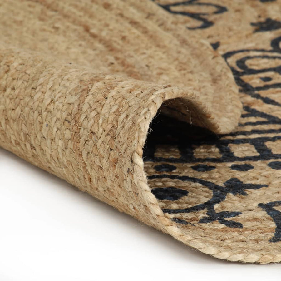 Vloerkleed Handgemaakt Met Donkerblauwe Print Jute 90 cm Blauw bloempatroon