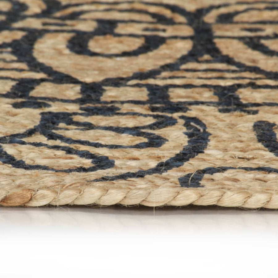 Vloerkleed Handgemaakt Met Donkerblauwe Print Jute 90 cm Blauw bloempatroon