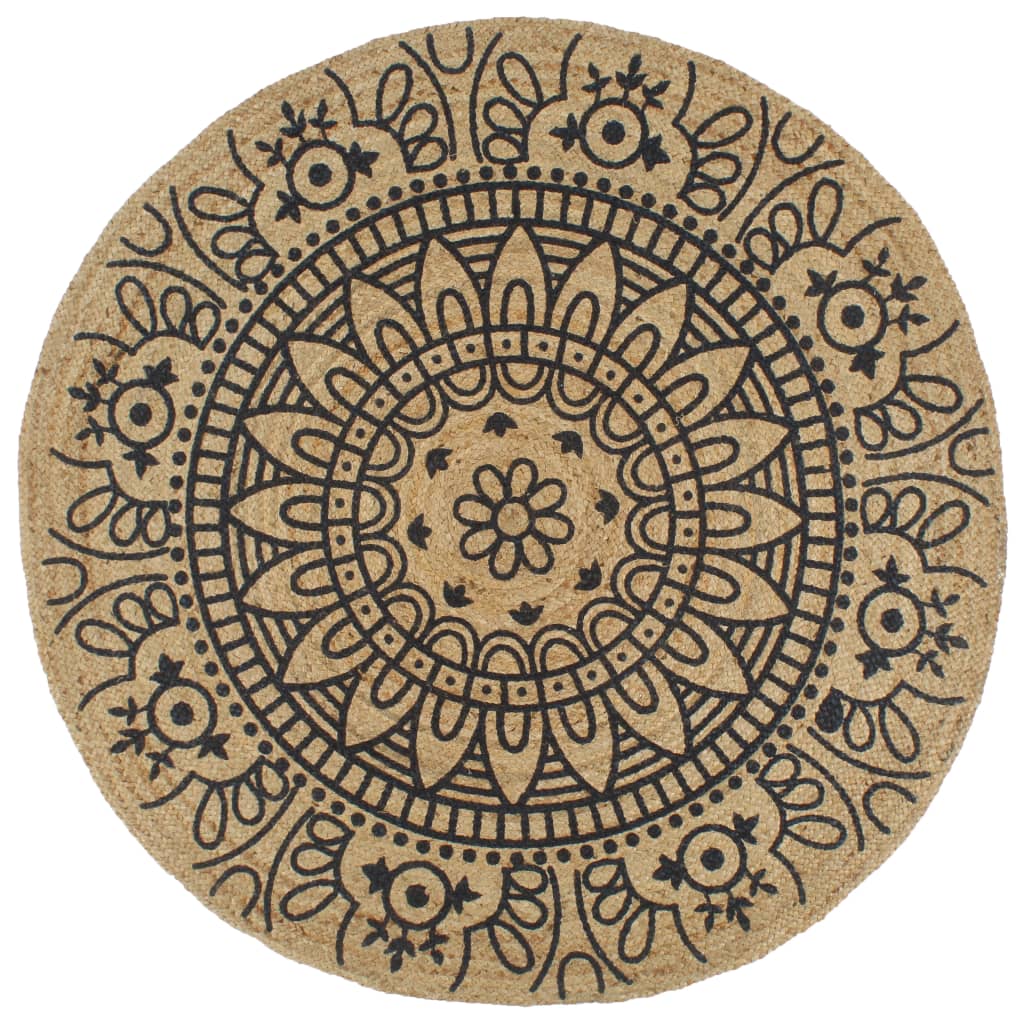 Vloerkleed Handgemaakt Met Donkerblauwe Print Jute 150 cm Blauw bloempatroon
