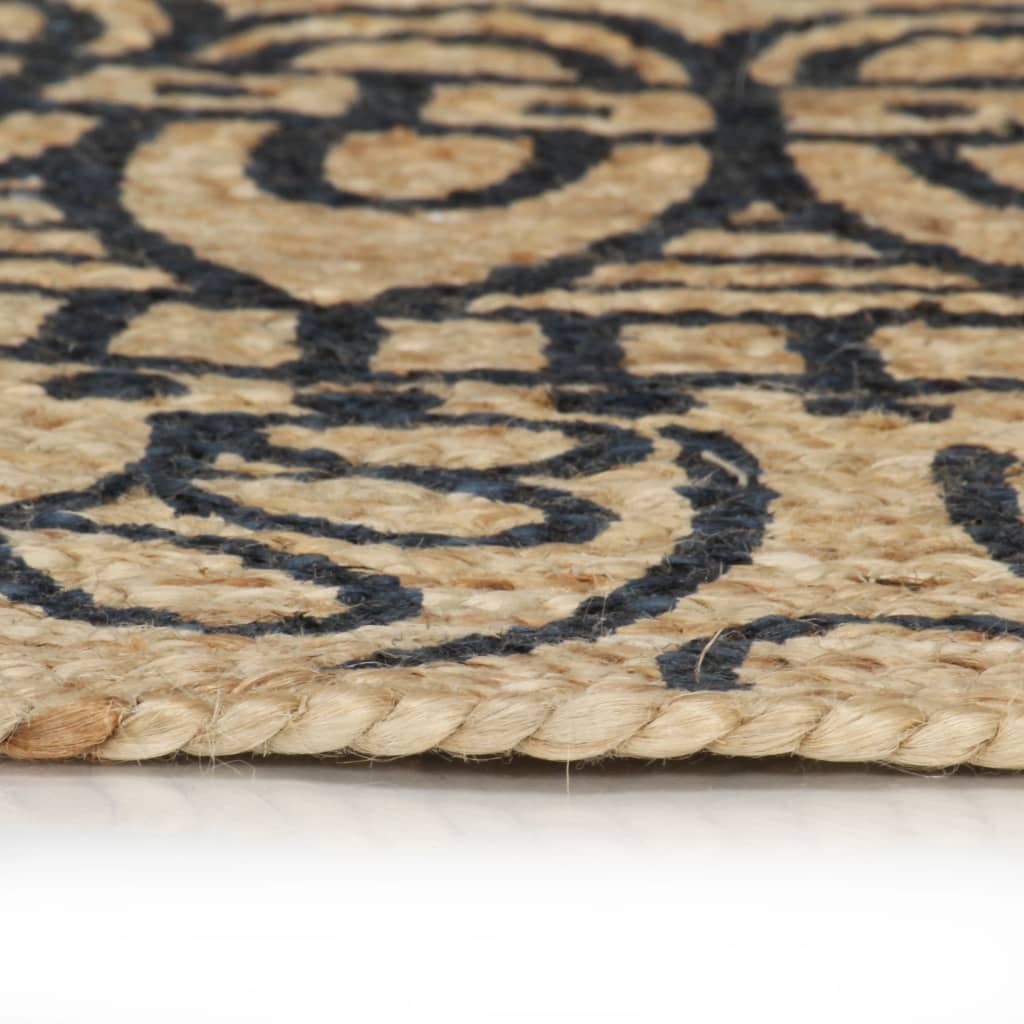 Vloerkleed Handgemaakt Met Donkerblauwe Print Jute 150 cm Blauw bloempatroon