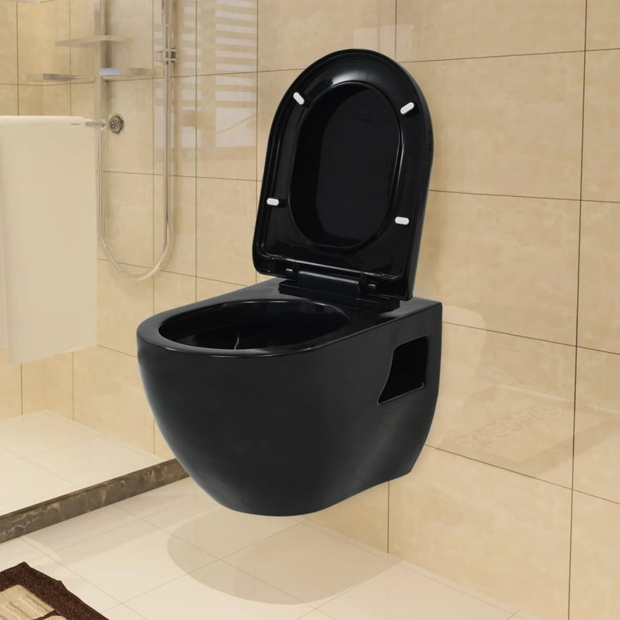 Hangend toilet met verborgen stortbak keramiek zwart Zwart