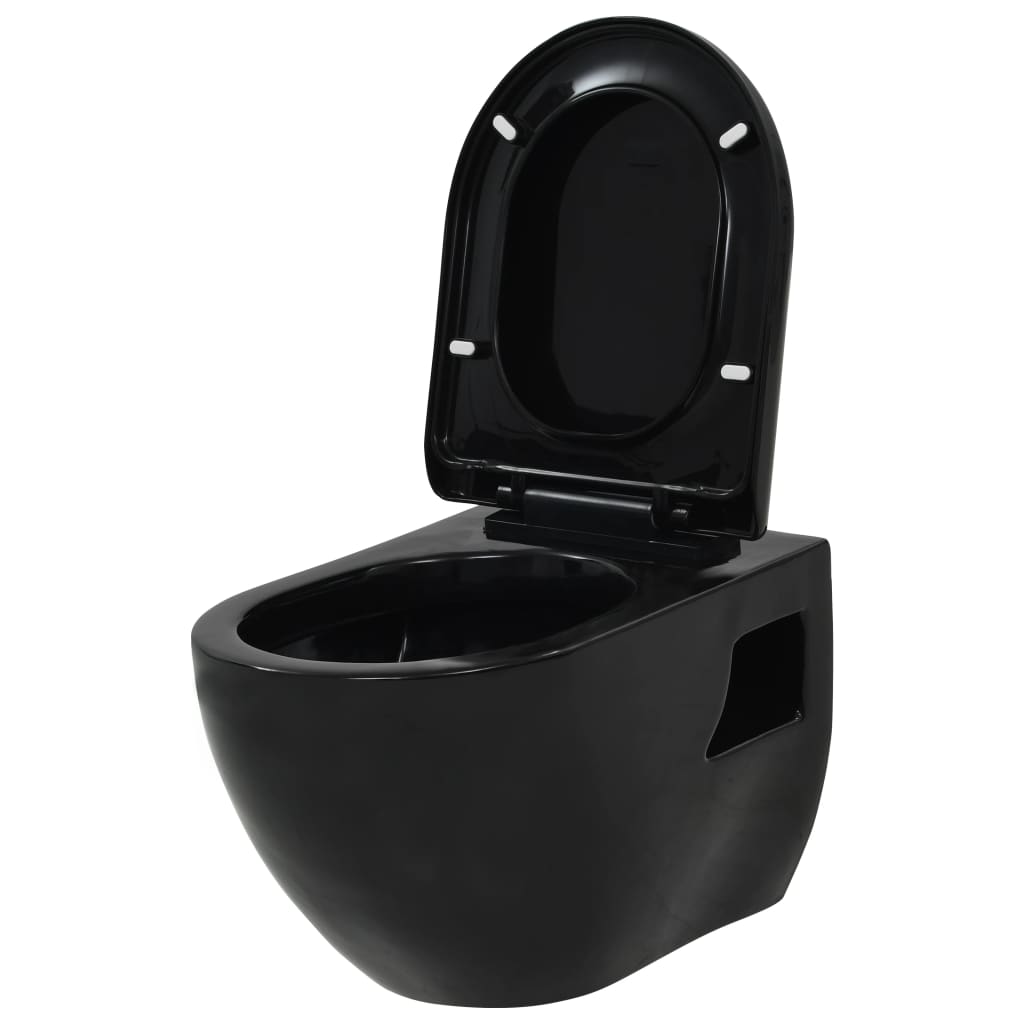 Hangend toilet met verborgen stortbak keramiek zwart Zwart