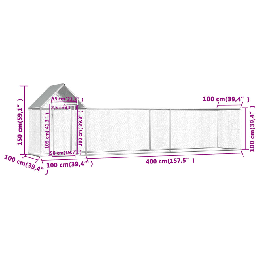 Kippenren 5x1x1,5 m gegalvaniseerd staal 5 x 1 x 1.5 m