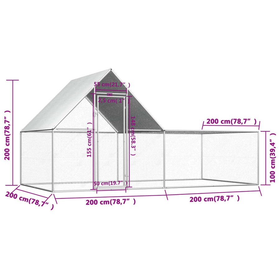 Kippenren 4x2x2 m gegalvaniseerd staal 4 x 2 x 2 m