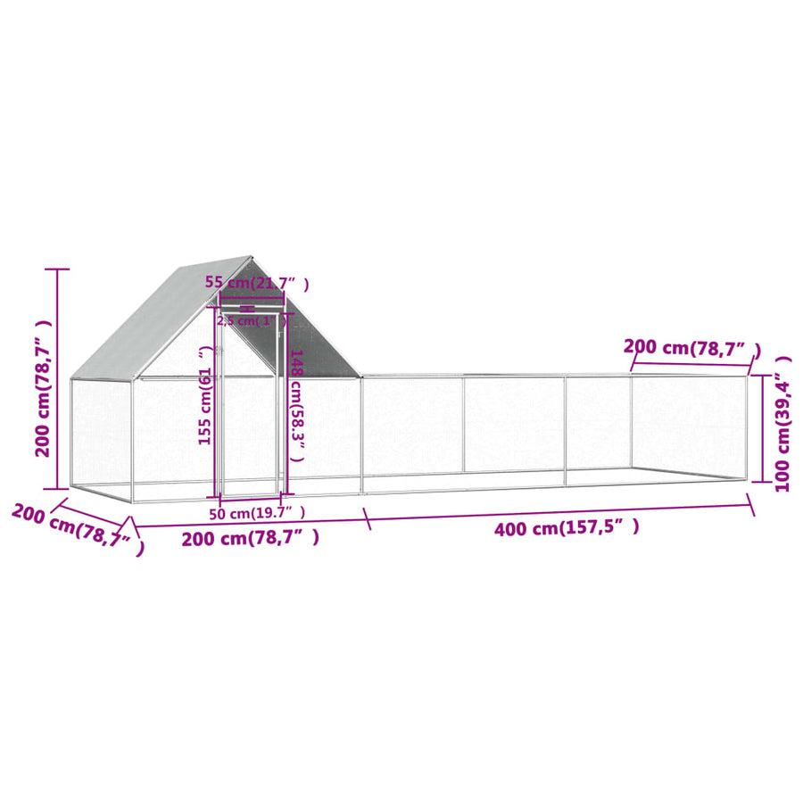 Kippenren 6x2x2 m gegalvaniseerd staal 6 x 2 x 2 m