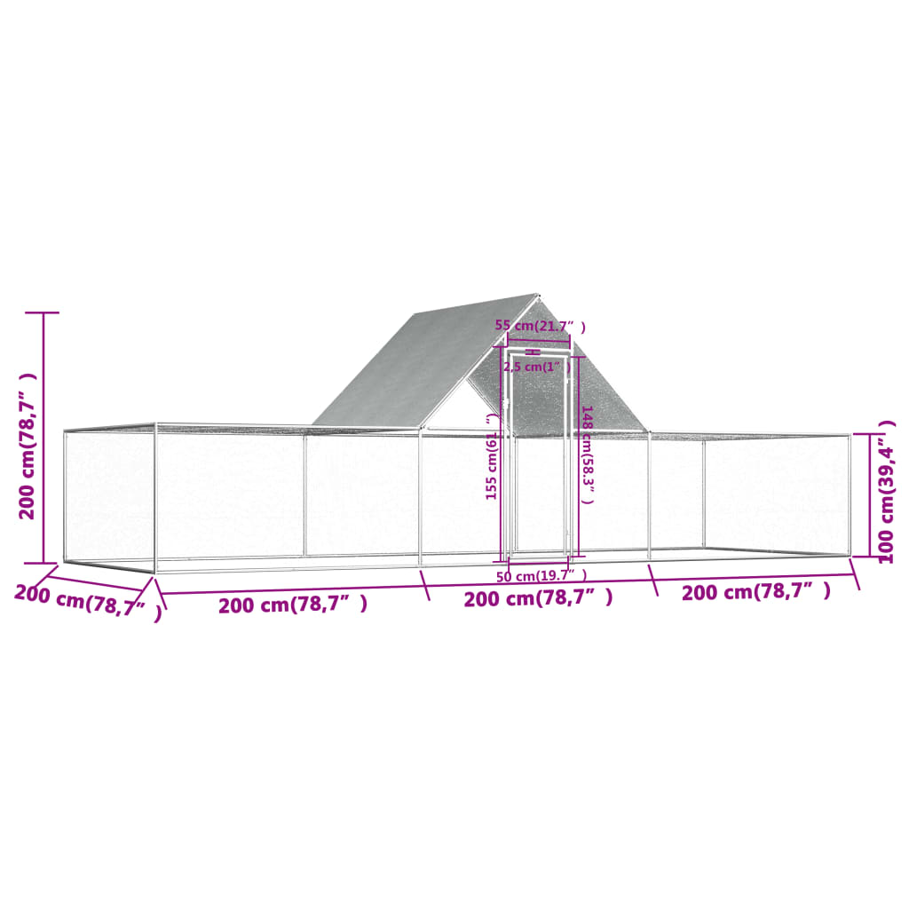 Kippenren 6x2x2 m gegalvaniseerd staal 6 x 2 x 2 m