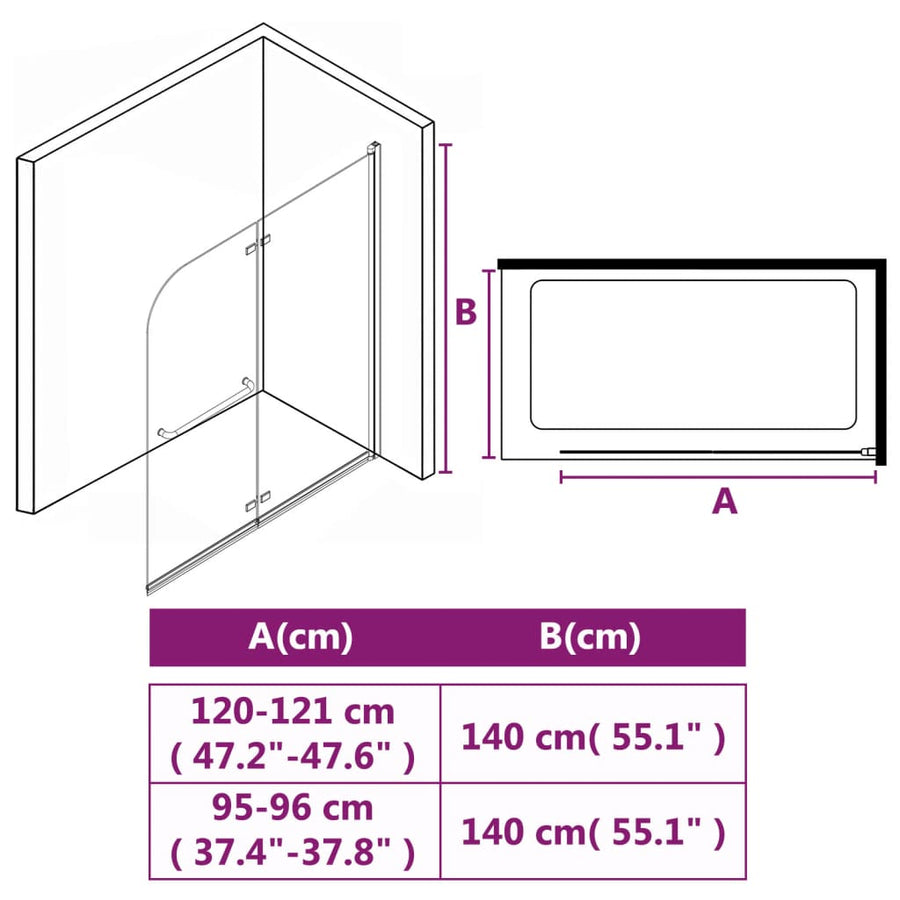 Douchewand Inklapbaar 2 Panelen Esg 120 x 140 cm