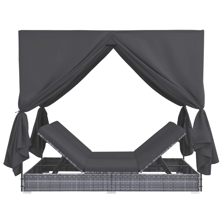 Loungebed Met Gordijnen Poly Rattan Grijs