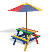 Kinderpicknicktafel met banken en parasol 75x85x52 cm vurenhout
