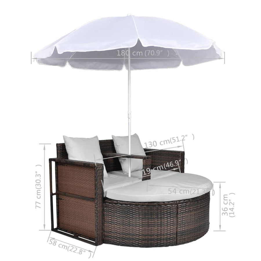 Tuinbed Met Parasol Poly Rattan Bruin