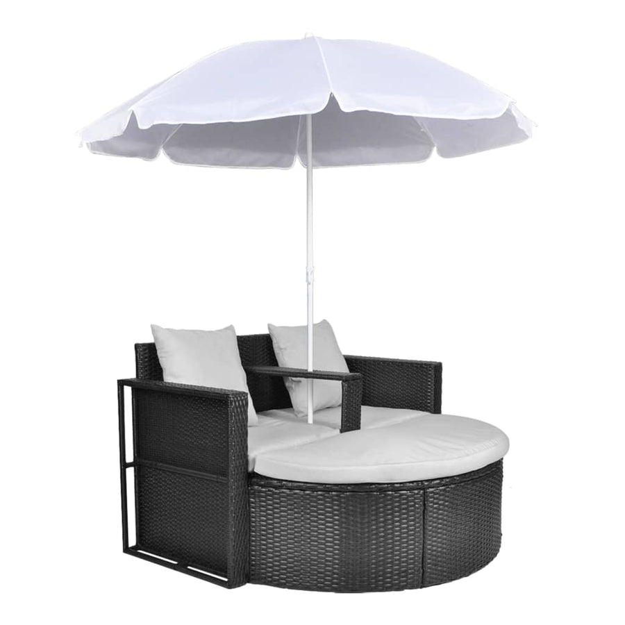 Tuinbed Met Parasol Poly Rattan Zwart en wit