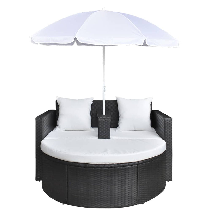 Tuinbed Met Parasol Poly Rattan Zwart en wit