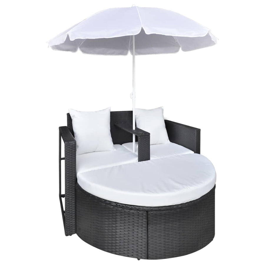 Tuinbed Met Parasol Poly Rattan Zwart en wit