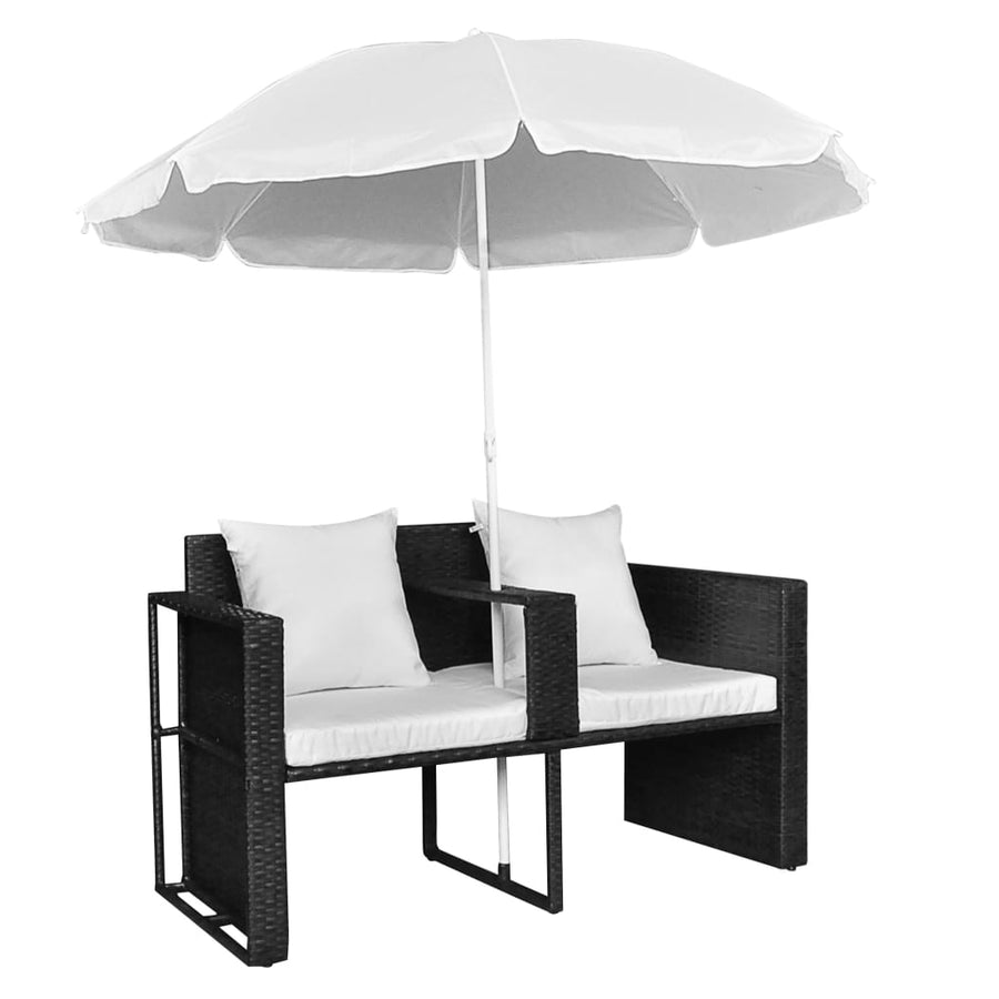 Tuinbed Met Parasol Poly Rattan Zwart en wit