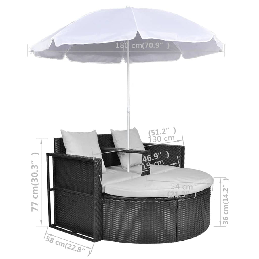 Tuinbed Met Parasol Poly Rattan Zwart en wit