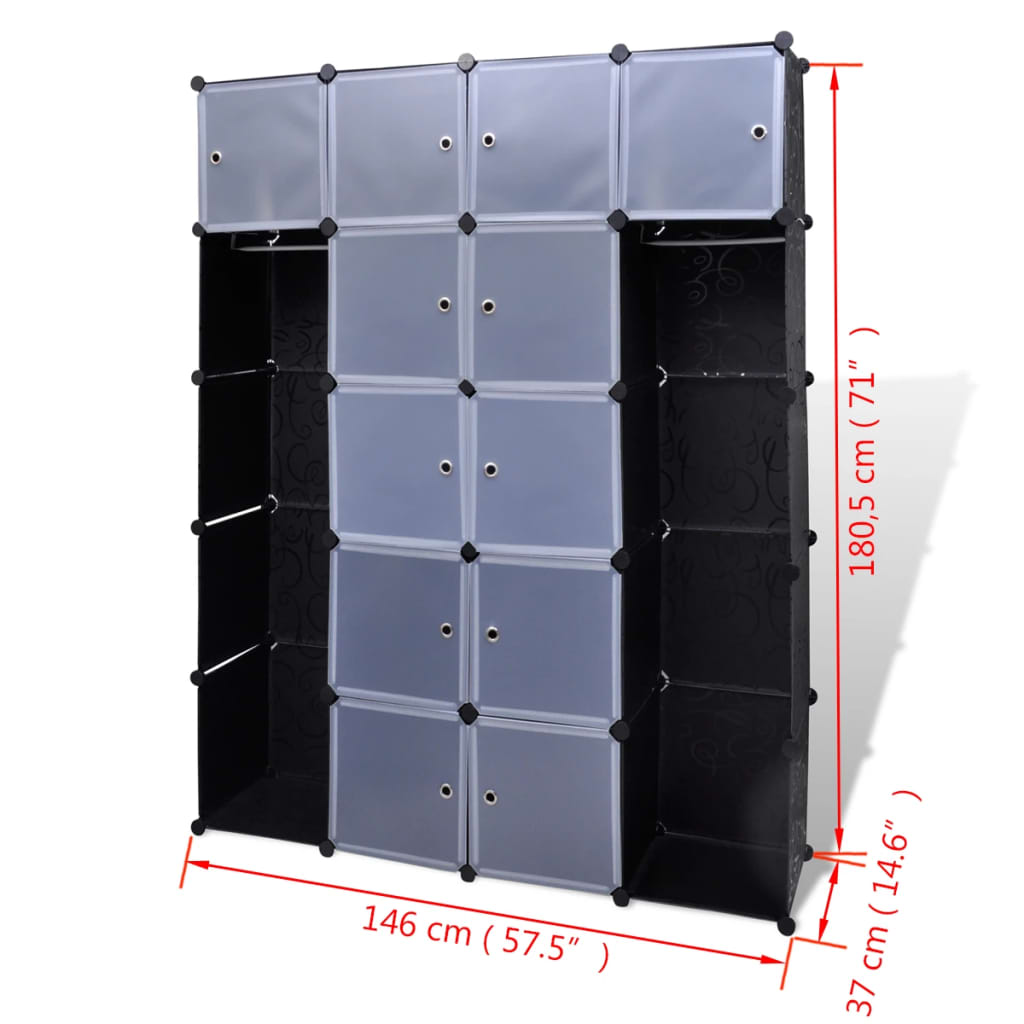 Kast Modulair Met 4 Vakken 37X46X80,5 Cm 14 compartimenten Zwart en wit