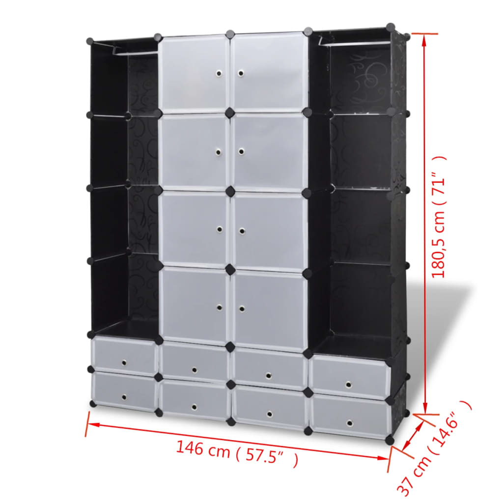 Kast Modulair Met 8 Vakken 37X46X80,5 Cm 18 compartimenten Zwart en wit