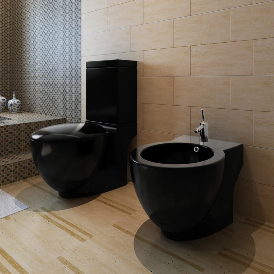 Toilet- En Bidetset Staand Keramiek Zwart