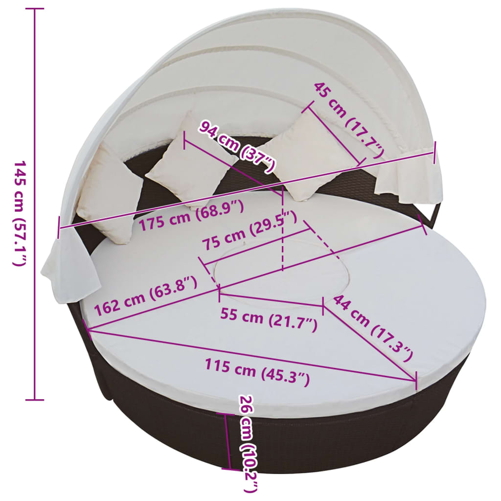 Loungebed met luifel poly rattan bruin