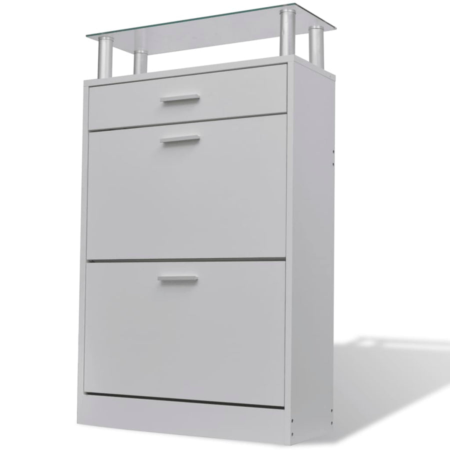 Schoenenkast met lade en glazen schap wit hout Wit