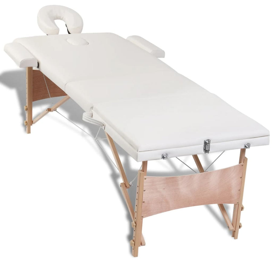 Inklapbare Massagetafel 3 Zones Met Houten Frame (Creme) Crèmewit