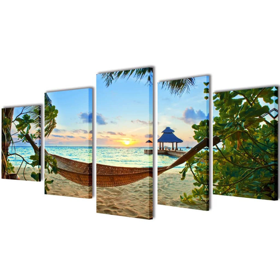 Canvas Muurdruk Set 200 x 100 cm Zandstrand met hangmat