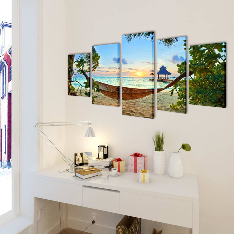 Canvas Muurdruk Set 200 x 100 cm Zandstrand met hangmat