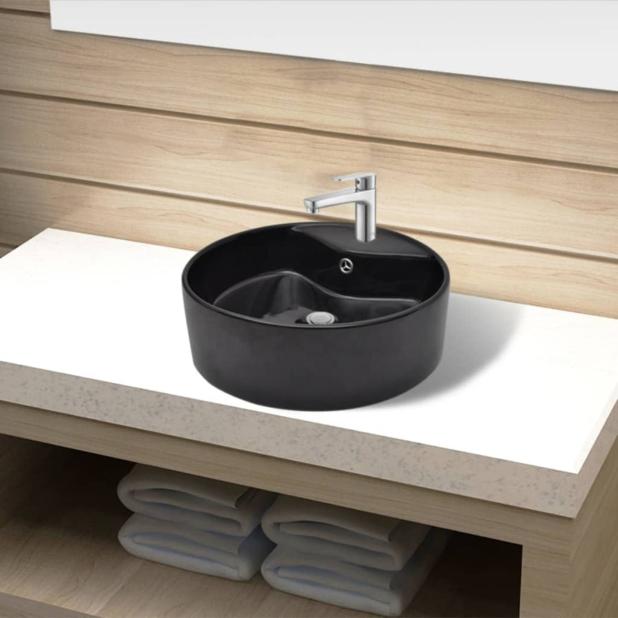 Wasbak Met Overloop, Keramiek, Rond, Wit