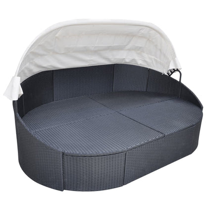 Loungebed Met Luifel Poly Rattan Zwart