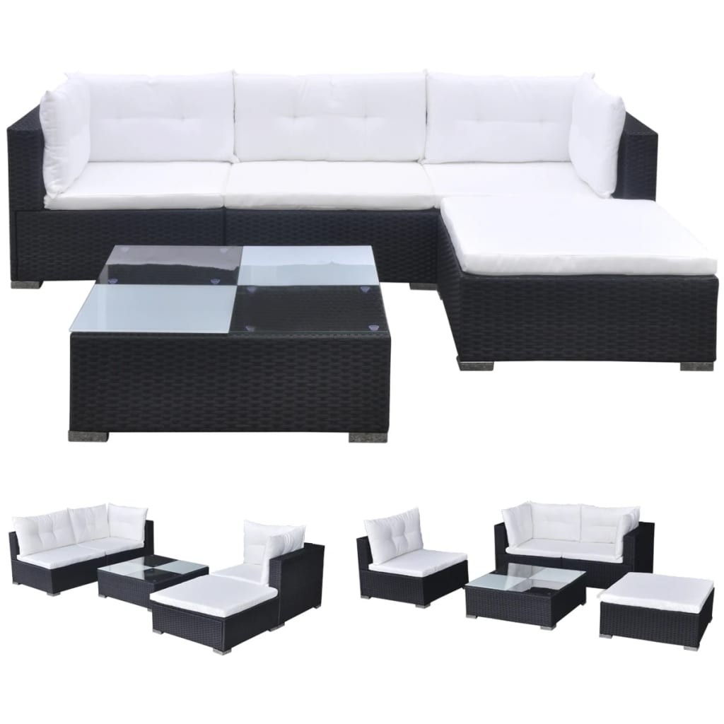 -Delige Loungeset Met Kussens Poly Rattan Zwart