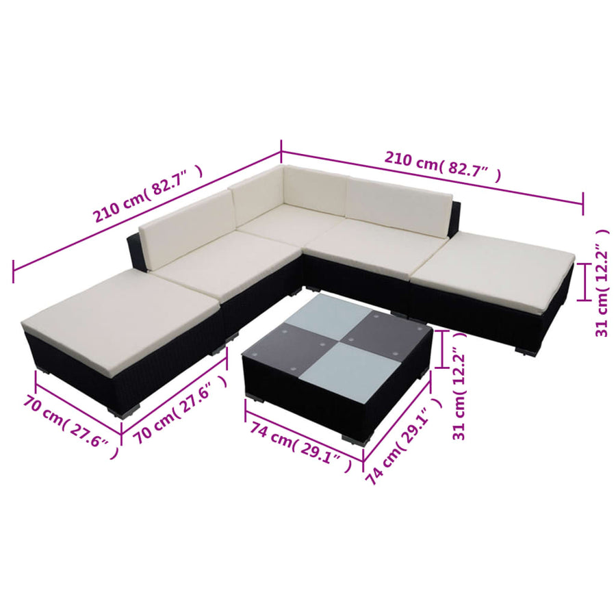 Loungeset met kussens poly rattan Zwart