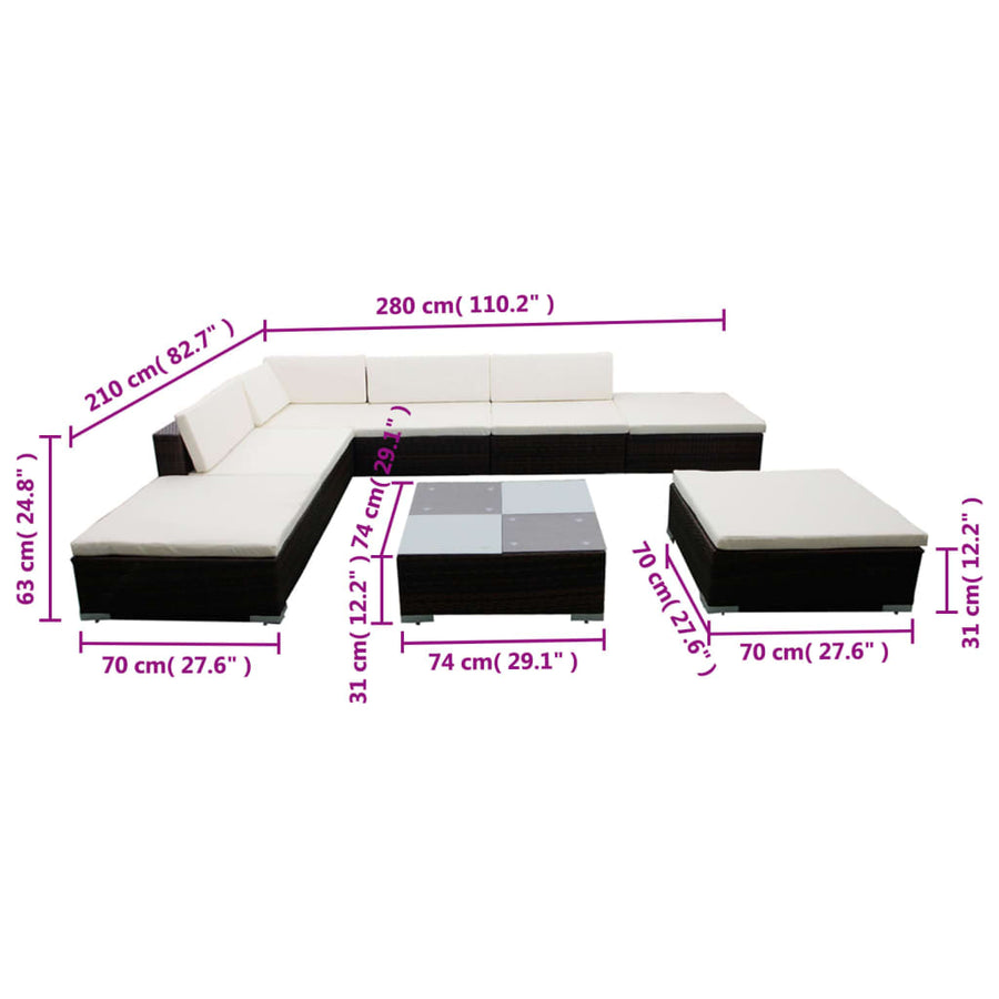 8-delige Loungeset met kussens poly rattan bruin