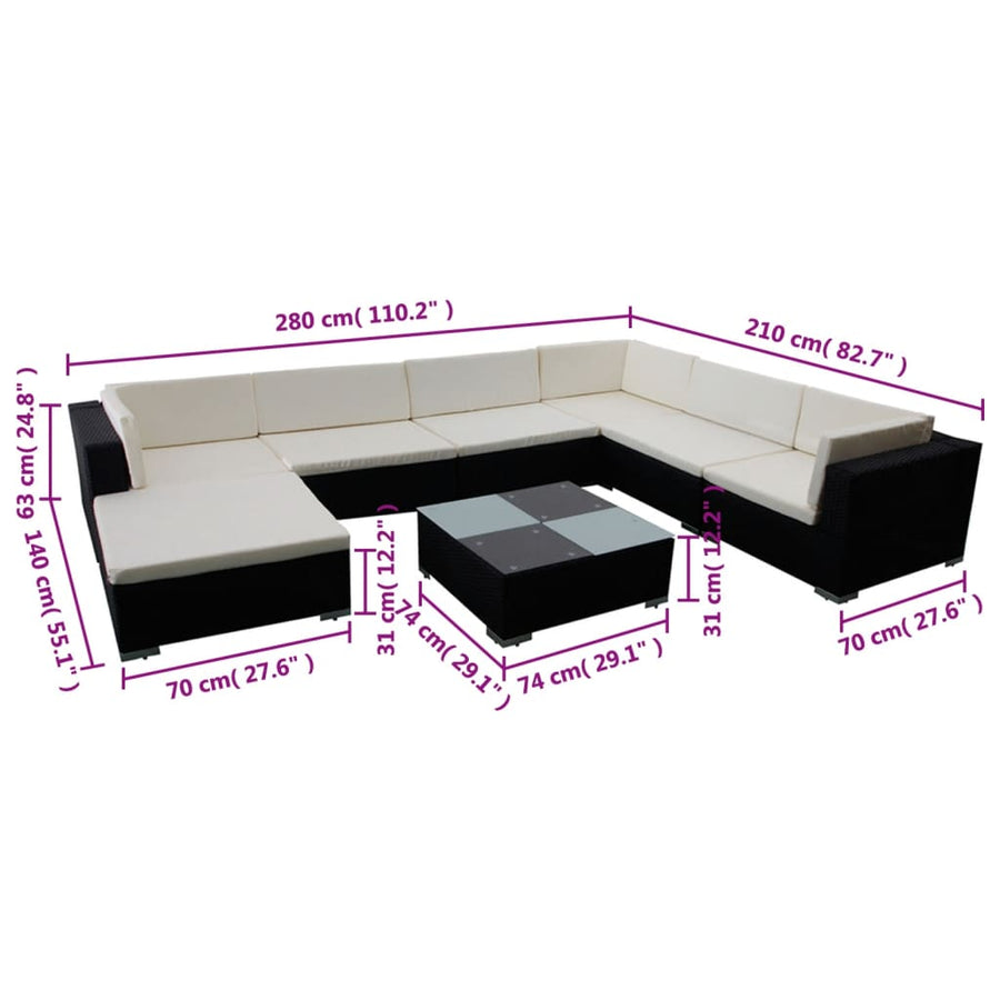 8-delige Loungeset met kussens poly rattan zwart