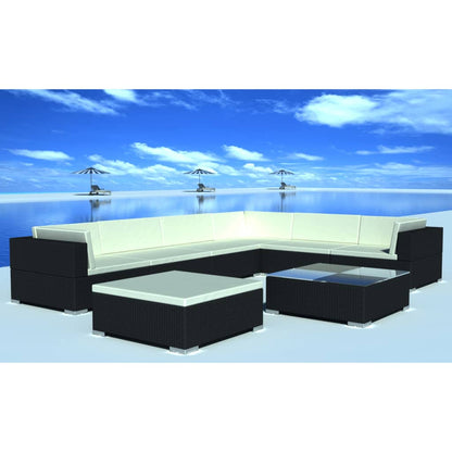 8-delige Loungeset met kussens poly rattan zwart