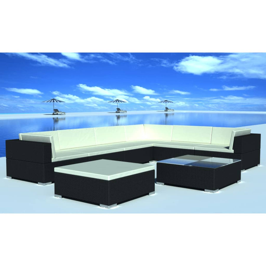 8-delige Loungeset met kussens poly rattan zwart