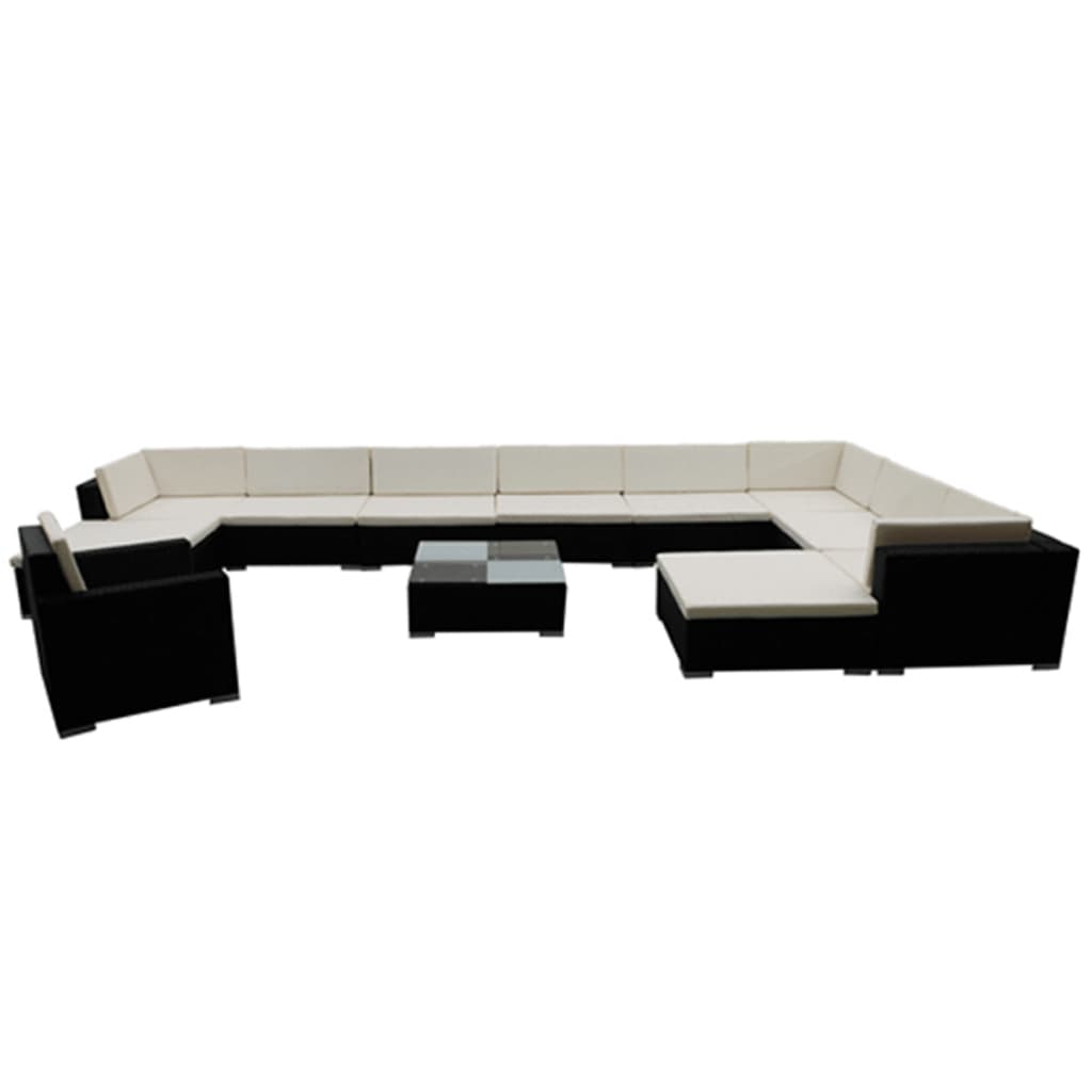 12-delige Loungeset met kussens poly rattan zwart