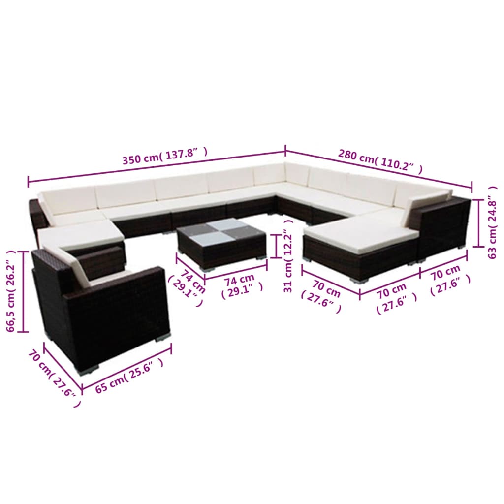 12-delige Loungeset met kussens poly rattan zwart