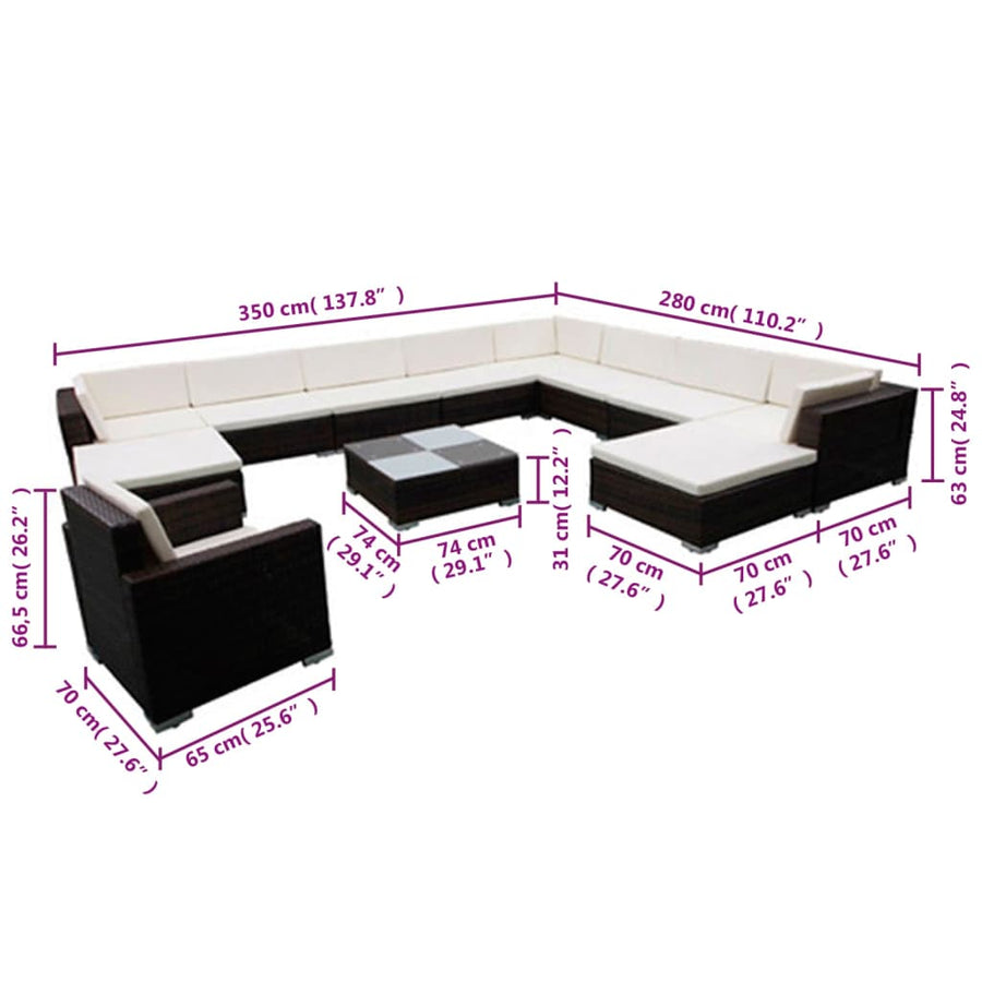 12-delige Loungeset met kussens poly rattan zwart