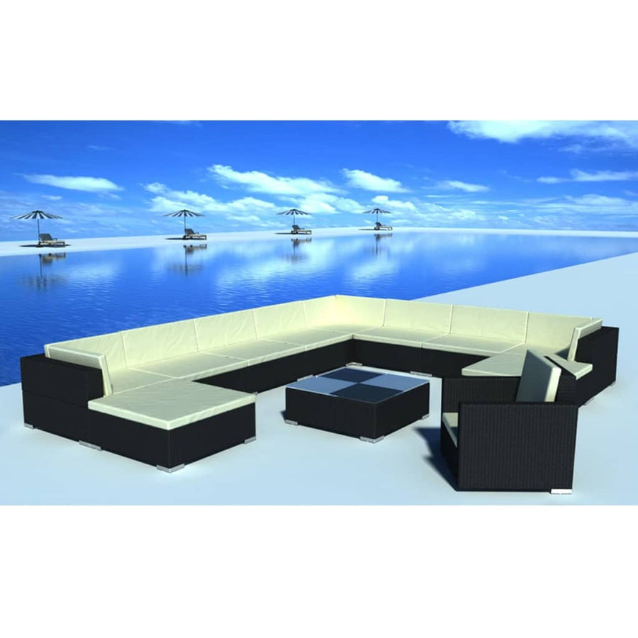 12-delige Loungeset met kussens poly rattan zwart