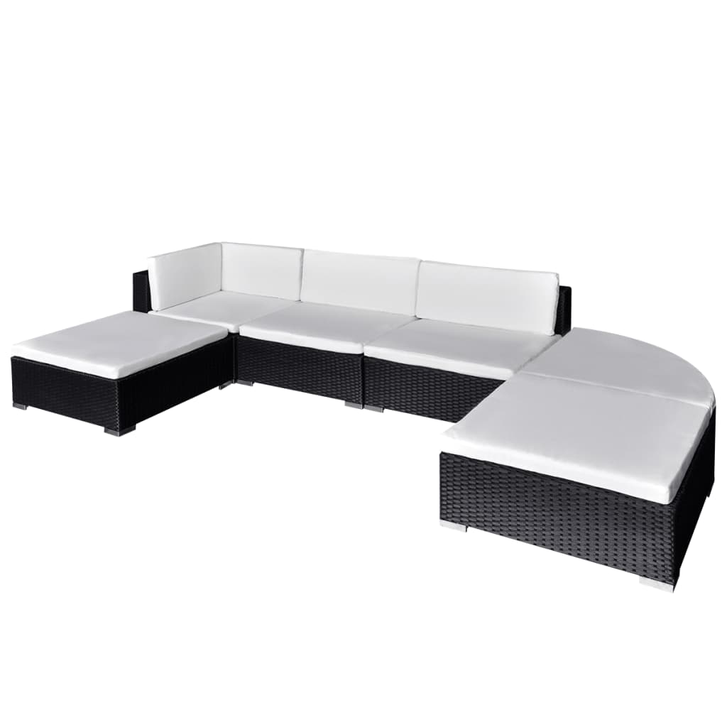 6-delige Loungeset met kussens poly rattan zwart