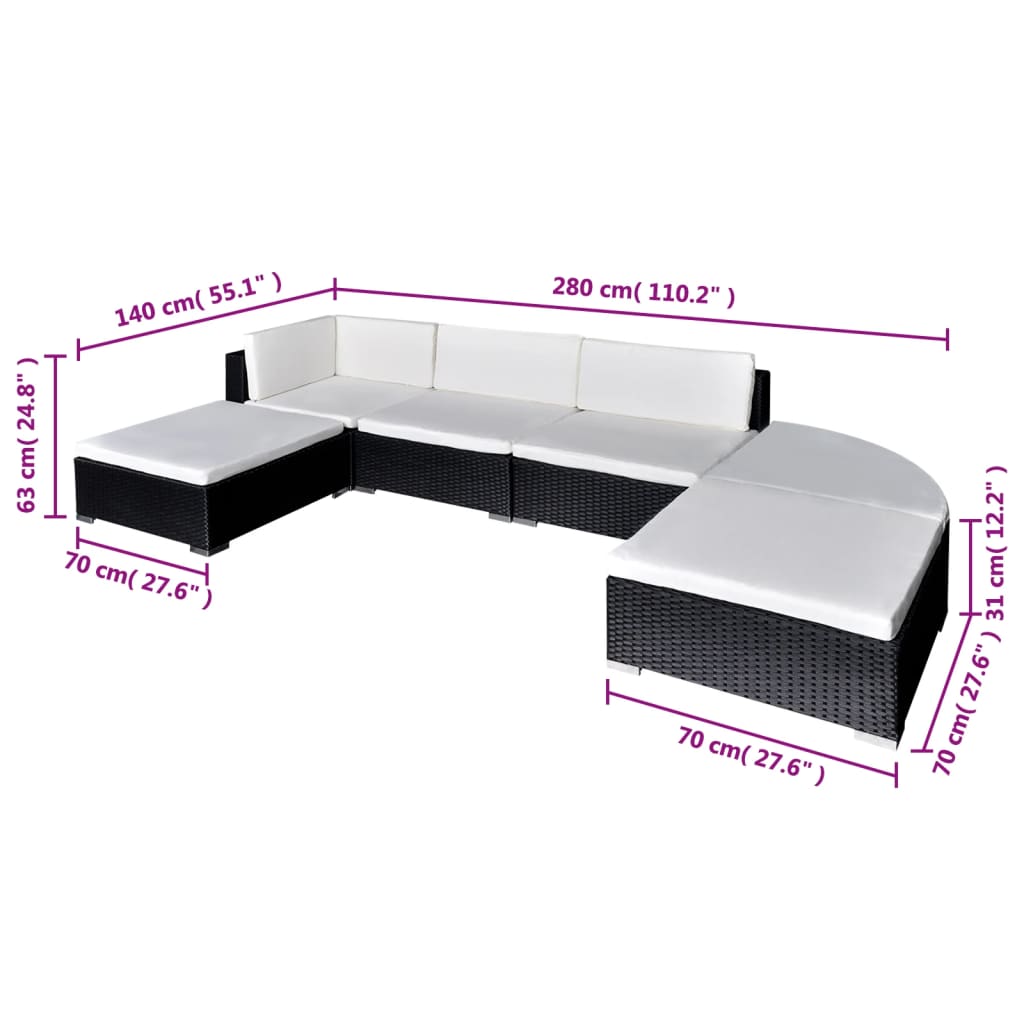 6-delige Loungeset met kussens poly rattan zwart