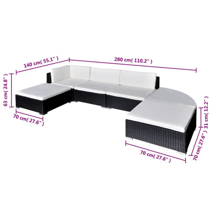 6-delige Loungeset met kussens poly rattan zwart