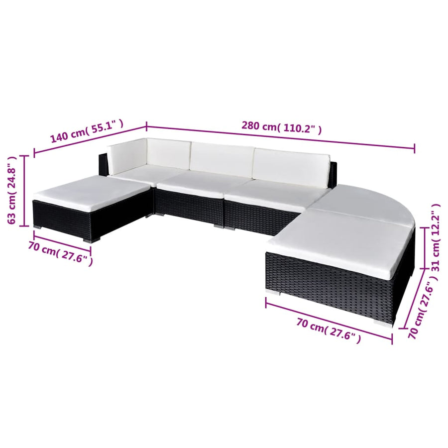 6-delige Loungeset met kussens poly rattan zwart